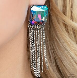 Multi Color Gemstone Post Earrings With Silver Chain Dangle